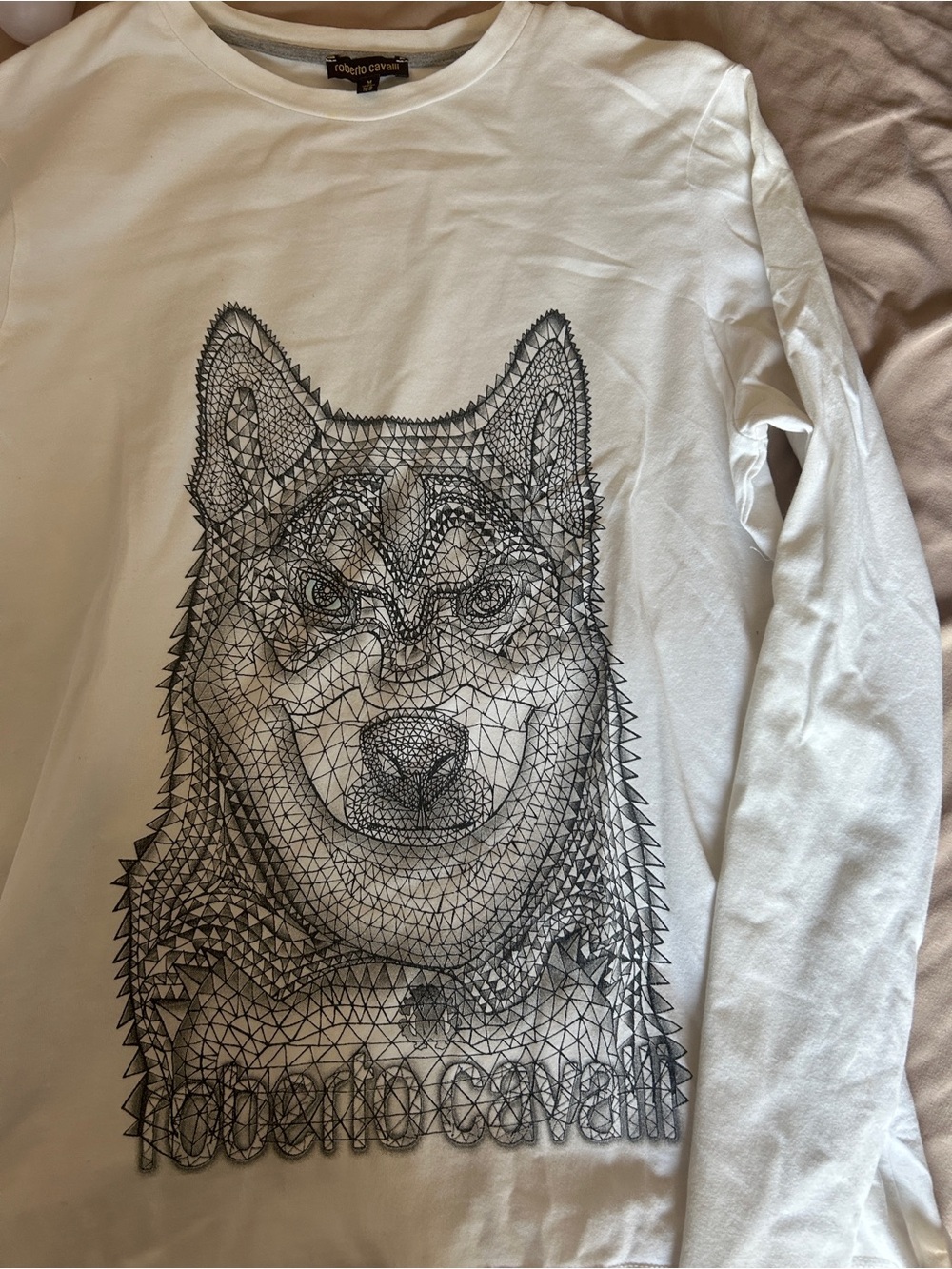 Roberto Cavalli White Long-Sleeve Tee with Geometric Husky Graphic